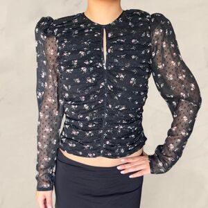 Anthropologie black rushed floral mesh long sleeve NEW size medium